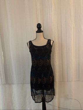 Beaded Navy and Gold Evening Dress